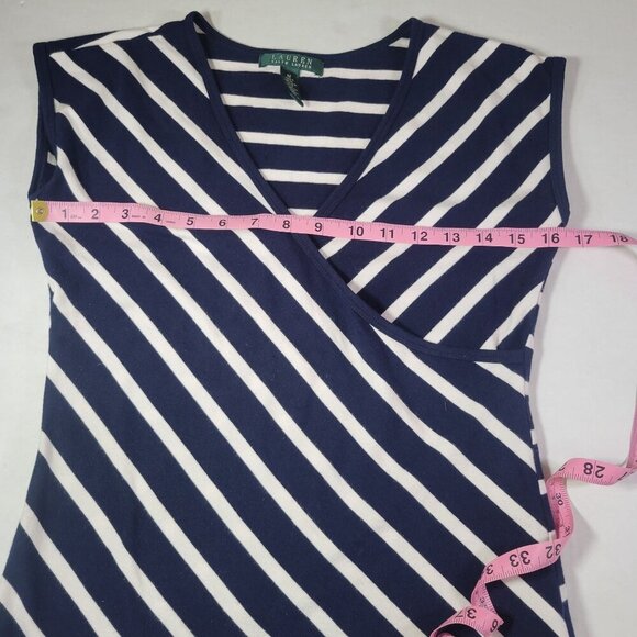 Lauren Ralph Lauren Cotton Navy & White Striped V-Neck Faux Wrap-Style Top M - Picture 5 of 5